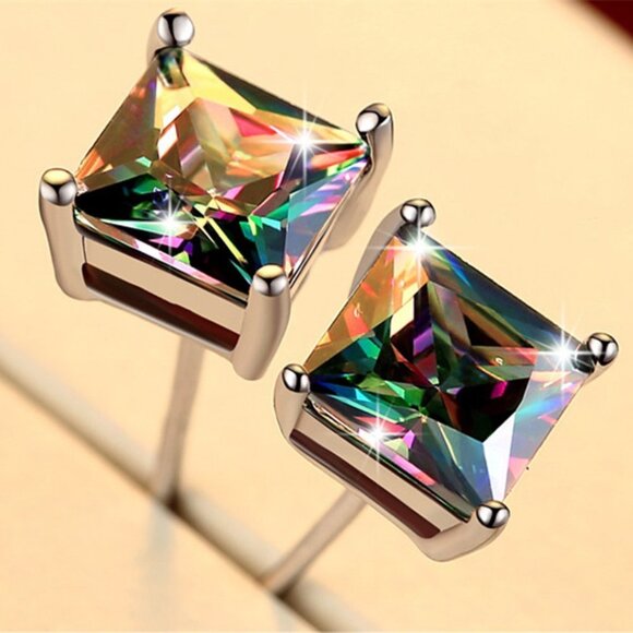 Square Colorful Micro Pave Zircon Stud Earrings for Women, EVGG1035 - Picture 1 of 4
